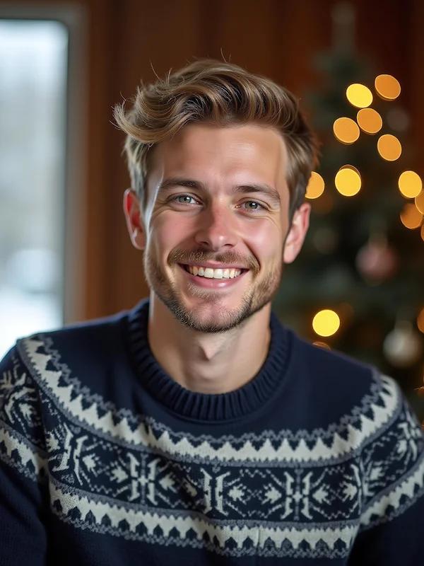 Seasonal headshot with subtle winter atmosphere