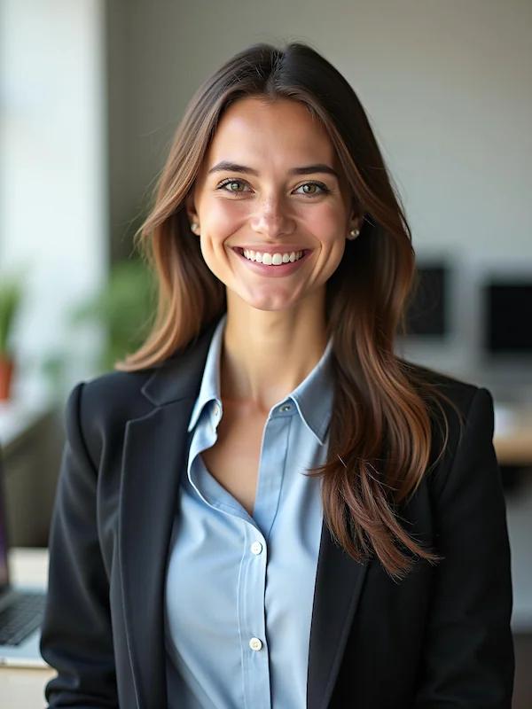 Professional woman in smart business attire smiling confidently