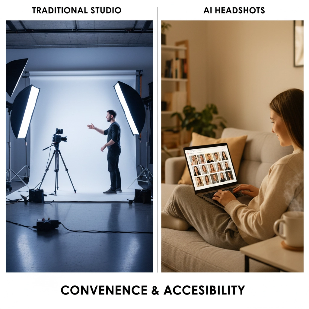 Traditional studio photography vs AI headshot comparison