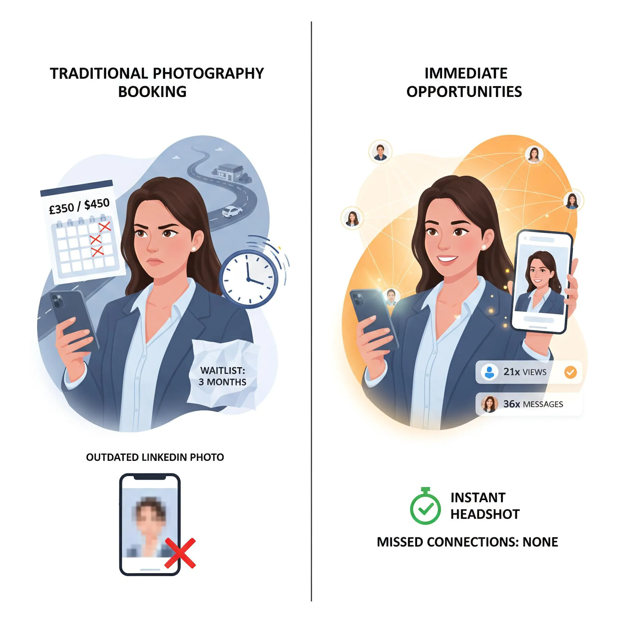 Traditional photographer booking process vs AI headshot generation