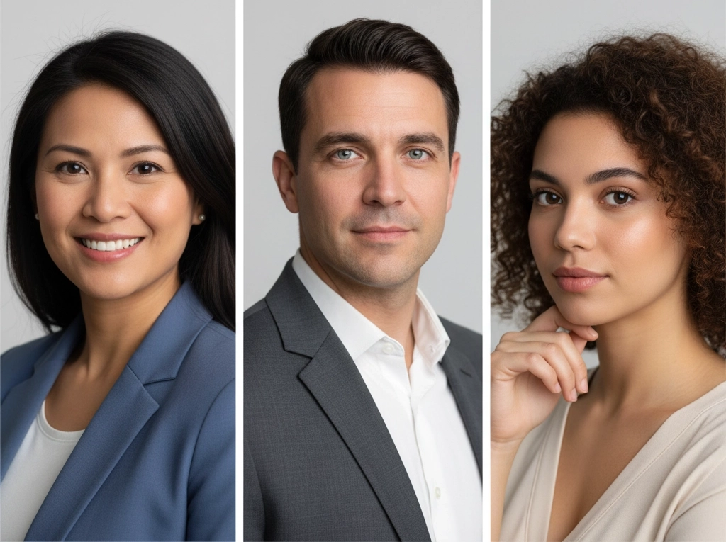 Multiple headshot examples showing different professional styles